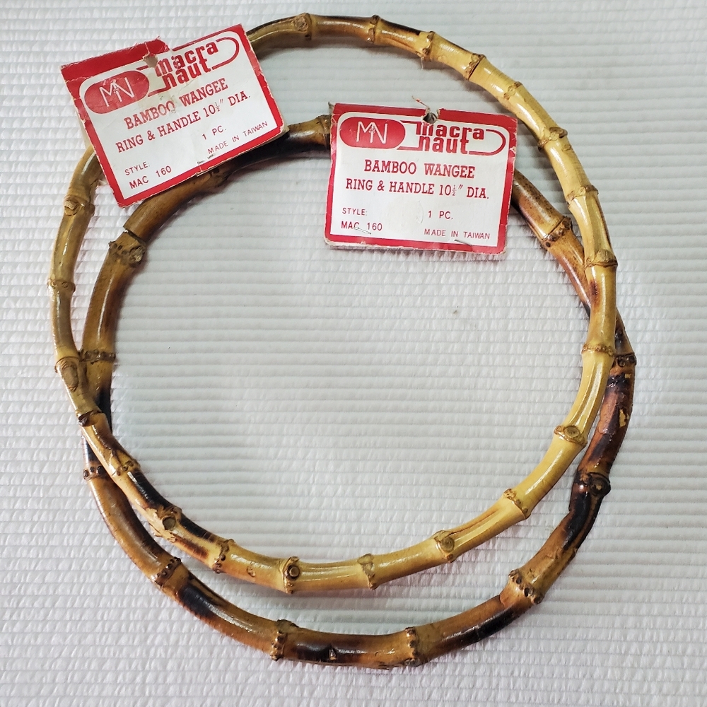 Bamboo Wangee Ring & Handle 10.5" Macra Naut New Beige Purse Bag Vintage Crafts